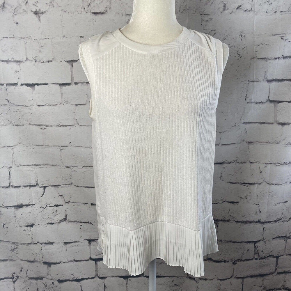 548 Blouse Womens Medium Knit Tank White‎ Sleeveless Pleated Bottom Round Neck